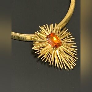 Premier Design Vintage Gold Plated Topaz Rhinestone Starburst Brooch Pendant Nec